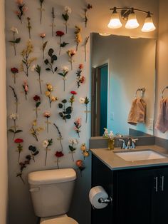 a white toilet sitting under a bathroom mirror next to a wall with flowers on it