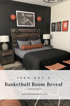 a bedroom with black walls and white carpeting has a basketball themed bed in the corner