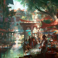 This reminds me of Konahgakure (Village Hidden in the Leaves from Naruto). I don't why, they're not that similar at all, but maybe it's the fun feel of it. Concept Art, Environment Concept Art, Fantasy Concept Art, Fantasy Landscape, Environment Concept