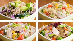 four pictures show different types of salads