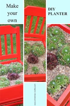 four different views of an orange chair with succulents in it and the words make your own diy planter