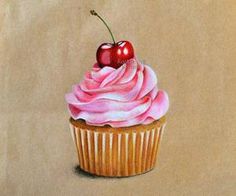 a painting of a cupcake with pink icing and a cherry on top, sitting on a piece of brown paper
