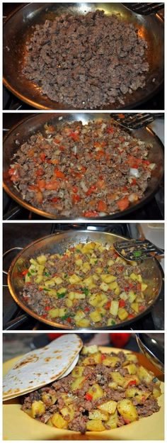 four pictures show different stages of cooking food
