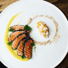 This new special feature from our SE location is waiting for you. Black sesame crusted Ora King Salmon on miso delicata squash purée with pickled persimmon and daikon in a ring of local mushroom dust. Perfect for the autumn weather. Restaurant Recipes, Healthy Recipes, Desserts, Noodles, Food For Thought, Bamboo Sushi