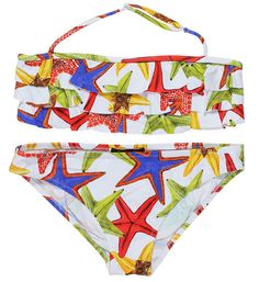 Starfish Print On White Ruffled Bikini For Girls. Bikini with ruffled top in white with colourful starfish made from fabrics which stay vibrant all summer Stylish Girl, Toddler Girl, Ruffled Bikini