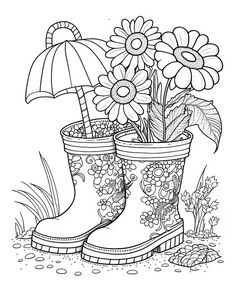boots with flowers and an umbrella in the rain coloring pages for kids to print out