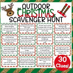 an outdoor christmas scavenger hunt with reindeers and stockings on the side,