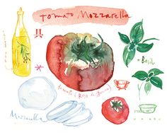 a watercolor drawing of tomatoes, garlic and other food items with the words tomato marinara on it
