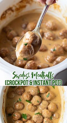two pictures of meatballs and gravy in a white bowl with a spoon