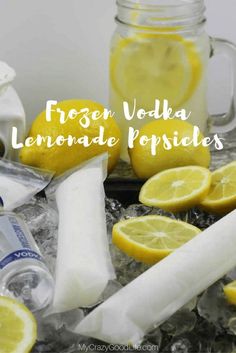 frozen vodka lemonade popsicles with ice and sliced lemons on the counter top
