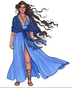 a drawing of a woman in a blue dress with long hair and jewelry on her neck