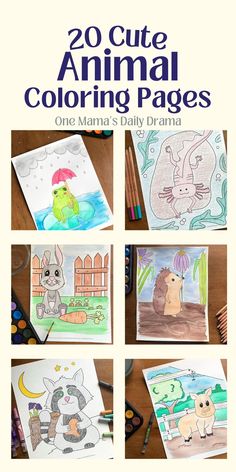 the cover of 20 cute animal coloring pages, with pictures of animals in different colors