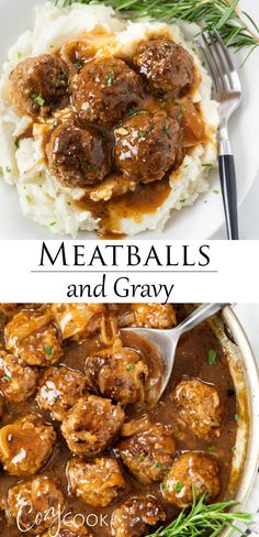 meatballs and gravy are served on top of mashed potatoes