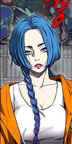 a woman with blue hair and an orange jacket
