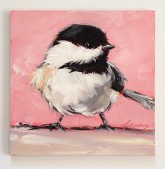 a painting of a black and white bird on a pink background