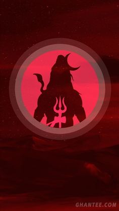the silhouette of a demon in front of a red background with an orange circle around it