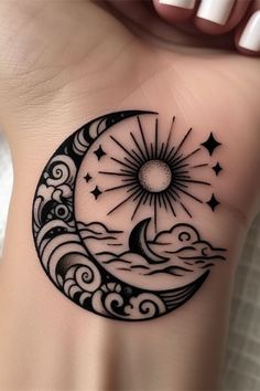 a black and white tattoo design on the side of a woman's right arm