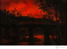 a painting of a red sky over a bridge