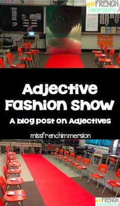 a red carpeted room with rows of chairs on the floor and an ad for fashion show