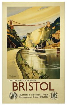 Vintage Travel Poster Bristol Clifton Suspension Bridge   Designed by Claude Buckle in 1936 for the Great Western Railway (GWR) and LMS to promote rail travel to Bristol.   You can buy it online at https://www.connellandtodd.com/p/bristol-vintage-travel-poster-print  #Vintage #Rail #Train #Poster #Print #Art #Vintage #Old #Classic #British #Britain #UK #Travel #Railways #Posters #Gifts #Somerset #Bath #Spa #Wedding Gift #Birthday Gift #Holiday www.connellandtodd.com Retro, Bristol Poster, Clifton, Vintage Advertisements, Railway Posters