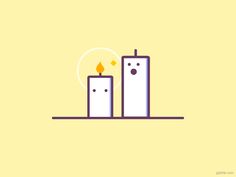 two candles sitting on top of each other in the middle of a yellow wallpaper