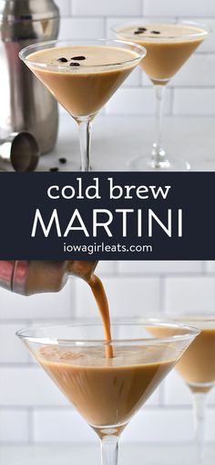two martini glasses filled with cold beer being poured into them and the words coldbrew martini on top