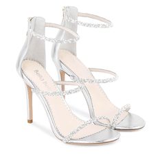 Bianca Silver Crystal and Pearl Studded Leather Heels Peep Toe, Silver Strappy Heels, Silver Heels, Silver Sparkly Heels, Diamond Heels, Silver Heels Wedding, Silver High Heels, Silver Shoes, Sliver Heels