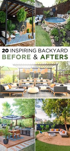 the backyard before and afters are shown in this collage, including an outdoor living area