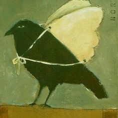 a painting of a black and white bird tied up to a piece of string with the word love written on it