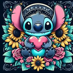 a cartoon character holding a heart surrounded by flowers
