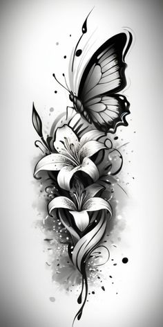 a black and white drawing of a butterfly with flowers on it's back side