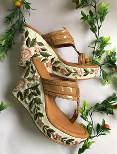 Buy Beige-Multicolored Thread Embroidered Kolhapuri Wedges Online at Jaypore.com Women's Shoes Sandals, Sandals Heels, Wedge Shoes, Shoes Flats Sandals, Sandals 2020 Trends