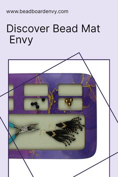 an advertisement for the bead company with scissors and beads on it's tray