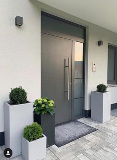 two planters on the side of a building with doors and windows in front of them