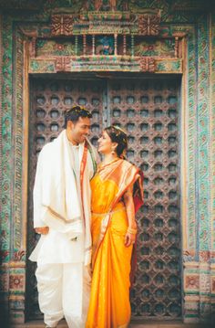 Indian wedding photography. Couple photoshoot ideas. South Indian Bridal Saris - Yellow and Red Traditional kanjivaram sari | WedMeGood Art, Dressing Table, Indian Wedding Planning