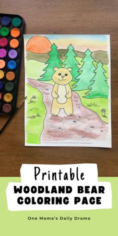 a bear coloring page with the title printable woodland bear coloring page on top of it