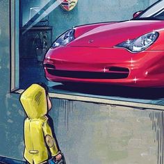 a person in a yellow jacket is looking at a red sports car
