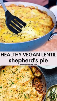 healthy vegan lentil shepherd's pie with cheese and herbs in a skillet