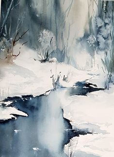 watercolor painting of snow and trees in the woods