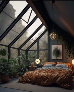 an image of a bedroom setting with plants