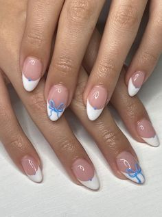 Cute Nails, Cute Acrylic Nails, Blue And White Nails, Cute Almond Nails, Dream Nails, White French Nails, French Tip Design, Nail Inspo, Funky Nail Designs