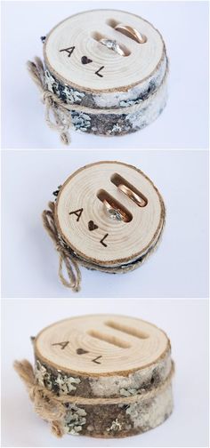 three different pictures of wood with rings on them and the words i love you written on it