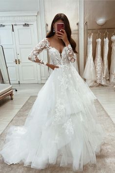 V Neck Wedding Dress, Long Sleeve Prom Dress Lace, Wedding Dresses For Sale