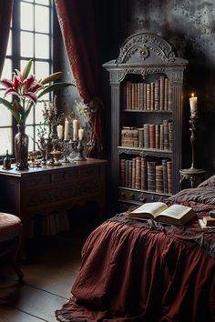 an old fashioned bedroom with bookshelf, desk and chair in front of the window