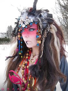 Shaman woman headdress headpiece fantasy costume. €85.00, via Etsy. Fantasy Make Up, Haar, Fantasy Makeup, Headdress, Masquerade