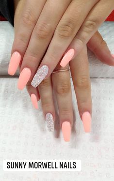 Coffin Nails Designs Summer, Sns Nails Colors, Sns Nails Designs, Sns Nail Designs, Peach Acrylic Nails, Sparkle Nail Designs, Dipped Nails