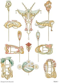 an assortment of decorative objects are shown on a white background with the words,'art nouveau