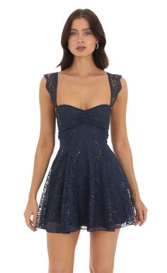 Sherry Lace Sequin Fit and Flare Dress in Navy | LUCY IN THE SKY Navy Blue Sparkly Dress, Navy Prom Dresses, Navy Blue Mini Dress, Prom Dresses Blue, Navy Blue Hoco Dress, Lace Prom Dress, Navy Hoco Dress, Homecoming Dresses Flowy, Prom Dresses With Straps