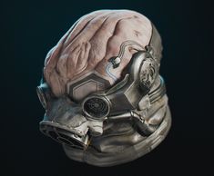a close up of a human head wearing a gas mask