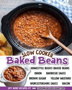 Beans slow-cooked to perfection with brown sugar and bacon. This is my classic recipe for baked beans that I make over and over. Baked Beans Recipe Crockpot, Baked Beans Crock Pot, Slow Cooker Baked Beans, Crockpot Dishes